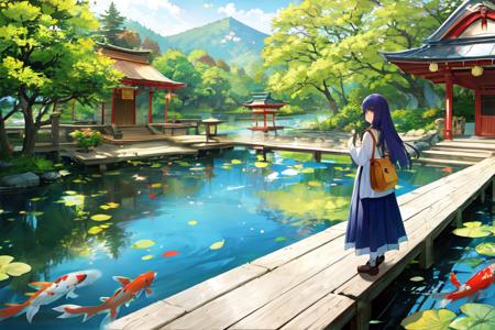 08879-4292571155-1girl, looking at the viewer, water, pond, lake, shrine, koi.png